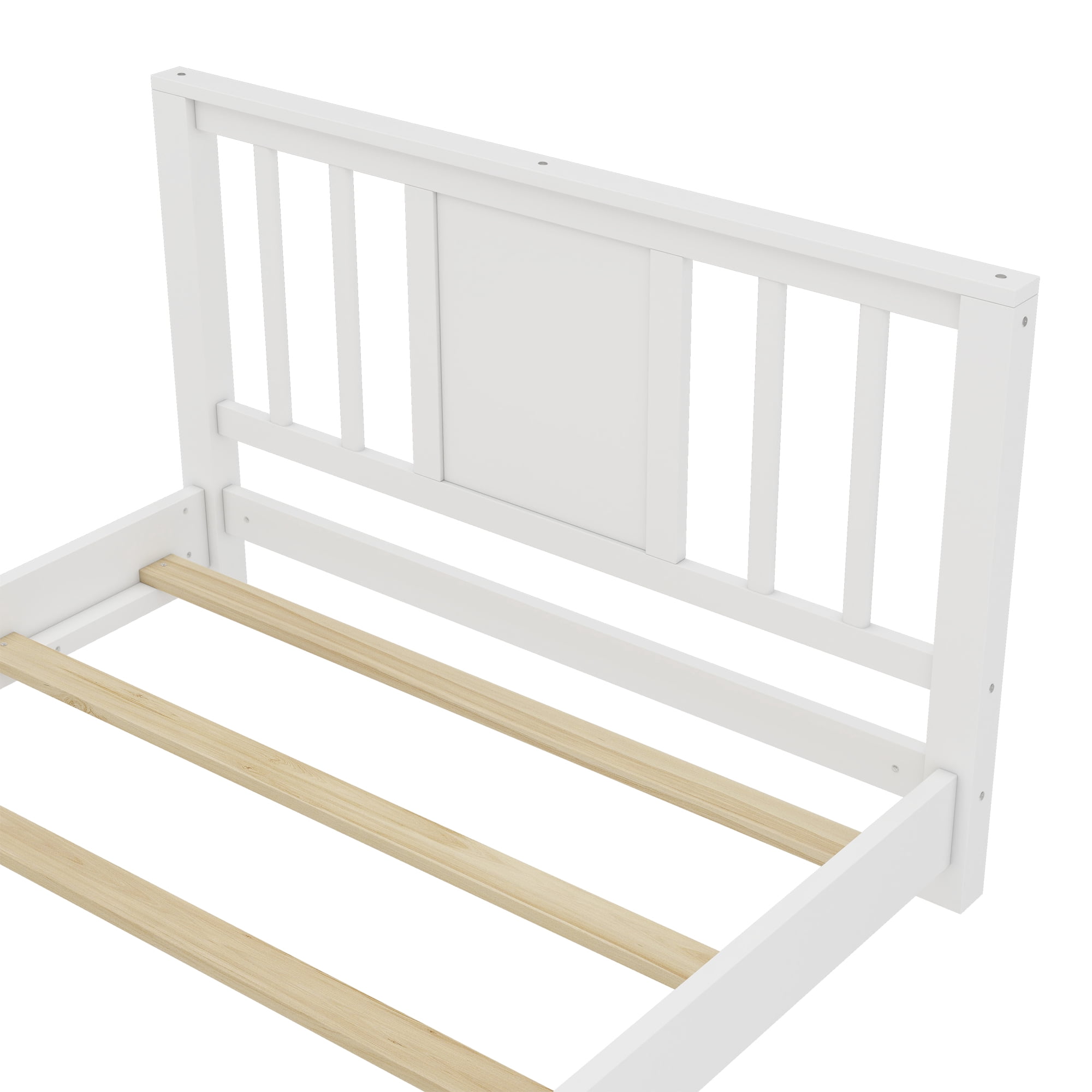 Miniyam Twin Bed Frame, Low Profile White Wood Platform Bed with Headboard, Footboard and Slat Support, White