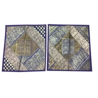 Mogul 2 Square Silk Cushion Cover Indian Sari Border Purple Patchwork Bohemian Toss Pillow Cases 16x16