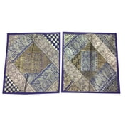 Mogul 2 Square Silk Cushion Cover Indian Sari Border Purple Patchwork Bohemian Toss Pillow Cases 16x16