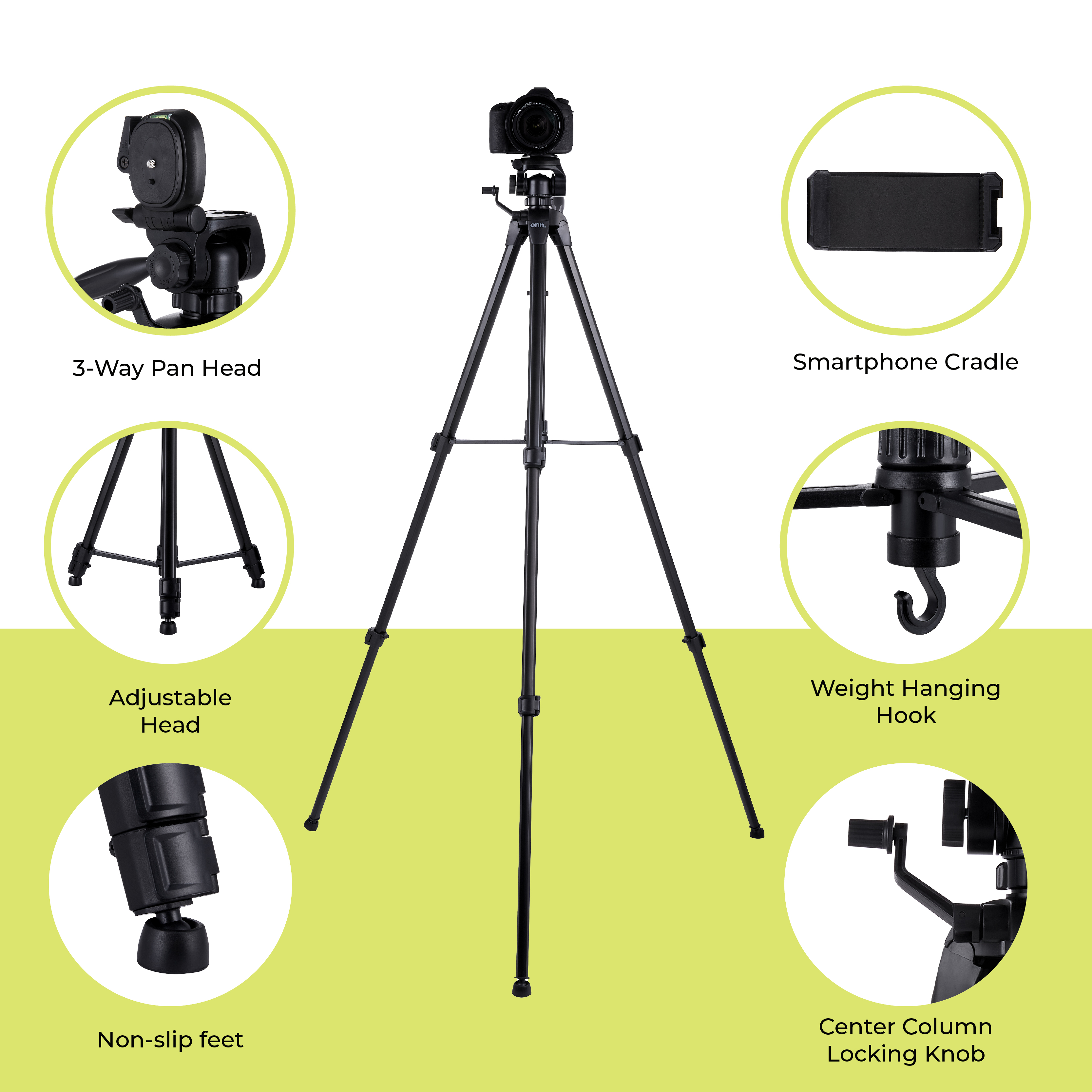 onn 67-Inch Tripod with Smartphone Cradle and GoPro Mount photo 2