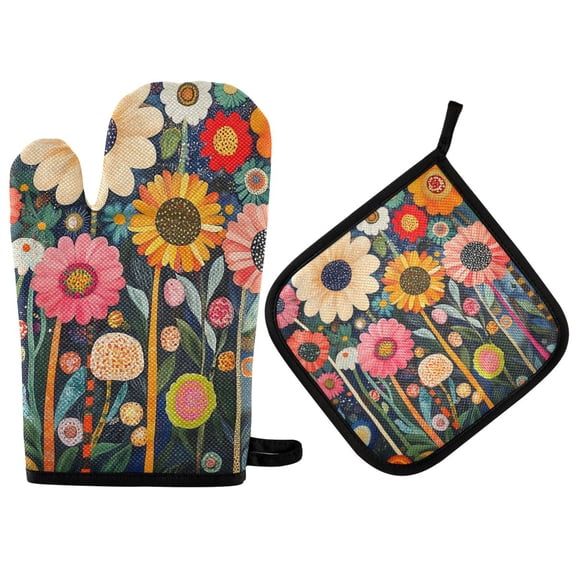 Yayeee Oven Mitts and Pot Holder Set of 2 Heat Resistant Kitchen Gloves Baking Hot Pad, Large Colorful Flowers