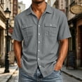 thumbnail image 2 of Mens Button Down Shirts Short Sleeve Casual Cotton Linen Shirt Western Cowboy Shirt Tops with Double Flap Pockets Dark Gray, 2 of 8
