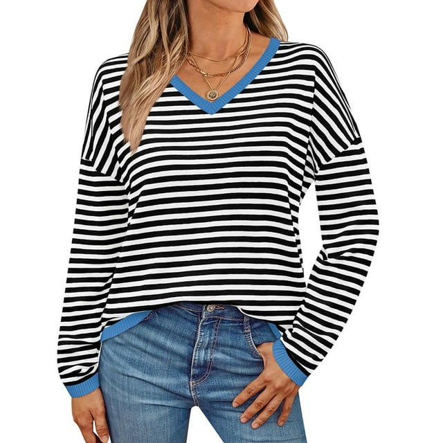Simua Womens Sweaters Fall 2024 Long Sleeve Knit Tops V-Neck Striped Loose Sweater Pullover Tops