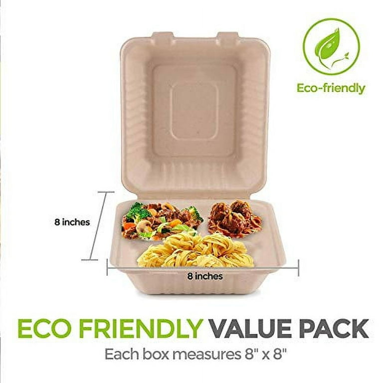 Raj Eco To Go Containers Compostable Clamshell Disposable, [8x8 50-Pack]  Take out Box With Hinged Lids, Meal-Prep, Eco Friendly, Biodegradable, food