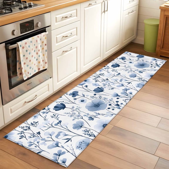 Spring Watercolor Runner Rugs 2x6 ft Grey Blue Flower Leaves Floral Washable Hallway Rugs Non-Slip Floor Mats Absorbent Carpet Bedside Runners for Bedroom Kitchen Bathroom Laundry Room