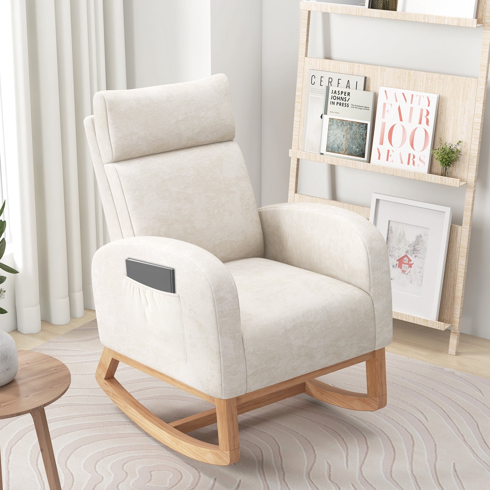 Gymax 2PCS Nursery Rocking Chair Upholstered Chenille Rocker Armchair w/ Side Pocket