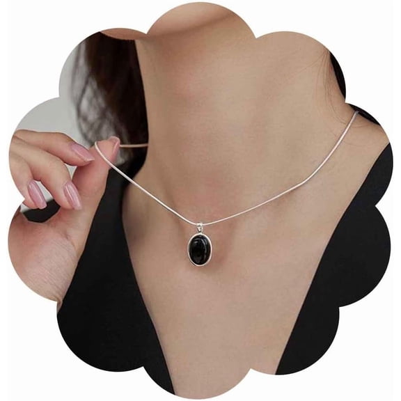 Boho Oval Onyx Pendant Necklace - Silver Zinc Onyx Stone - Women's Modern Choker