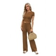 thumbnail image 1 of Womens Summer 2 Piece Outfits Color Block Short Sleeve Tops Tracksuit Slim Fit Pants Matching Set Lounge Sets 2026 Coffee Color S, 1 of 8