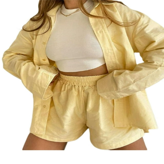 Ensemble Décontracté 2 Pcs pour Femmes, Chemise à Manches Longues Boutonnée et Shorts Élastiques