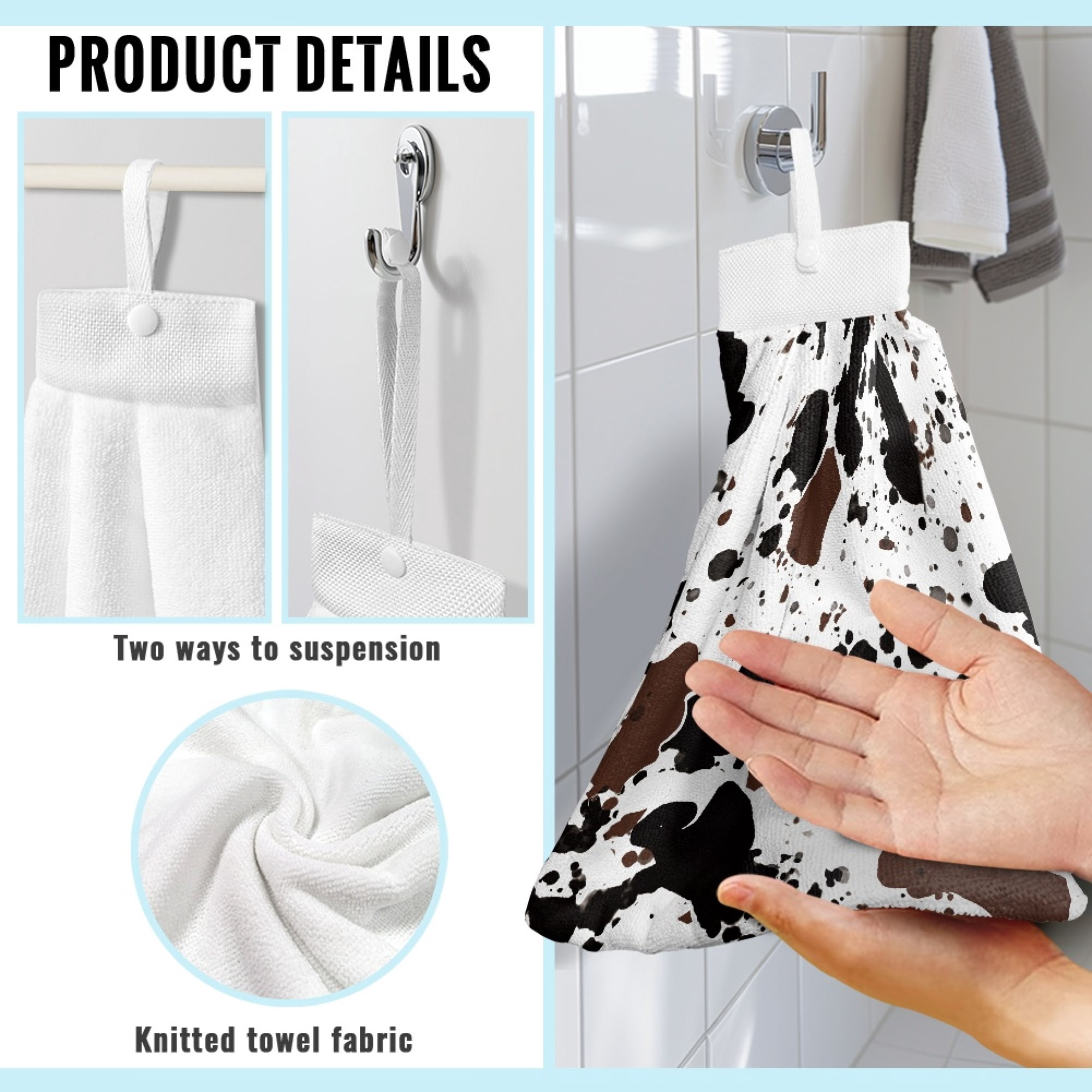 SEANATIVE Cow Print Hand Towels with Button Loop Highly Absorbent Hanging Hand Towels for Wiping Hands 2 PCS Quick Dry Hand Towels for Bathroom Kitchen Tie Towel Home Decor