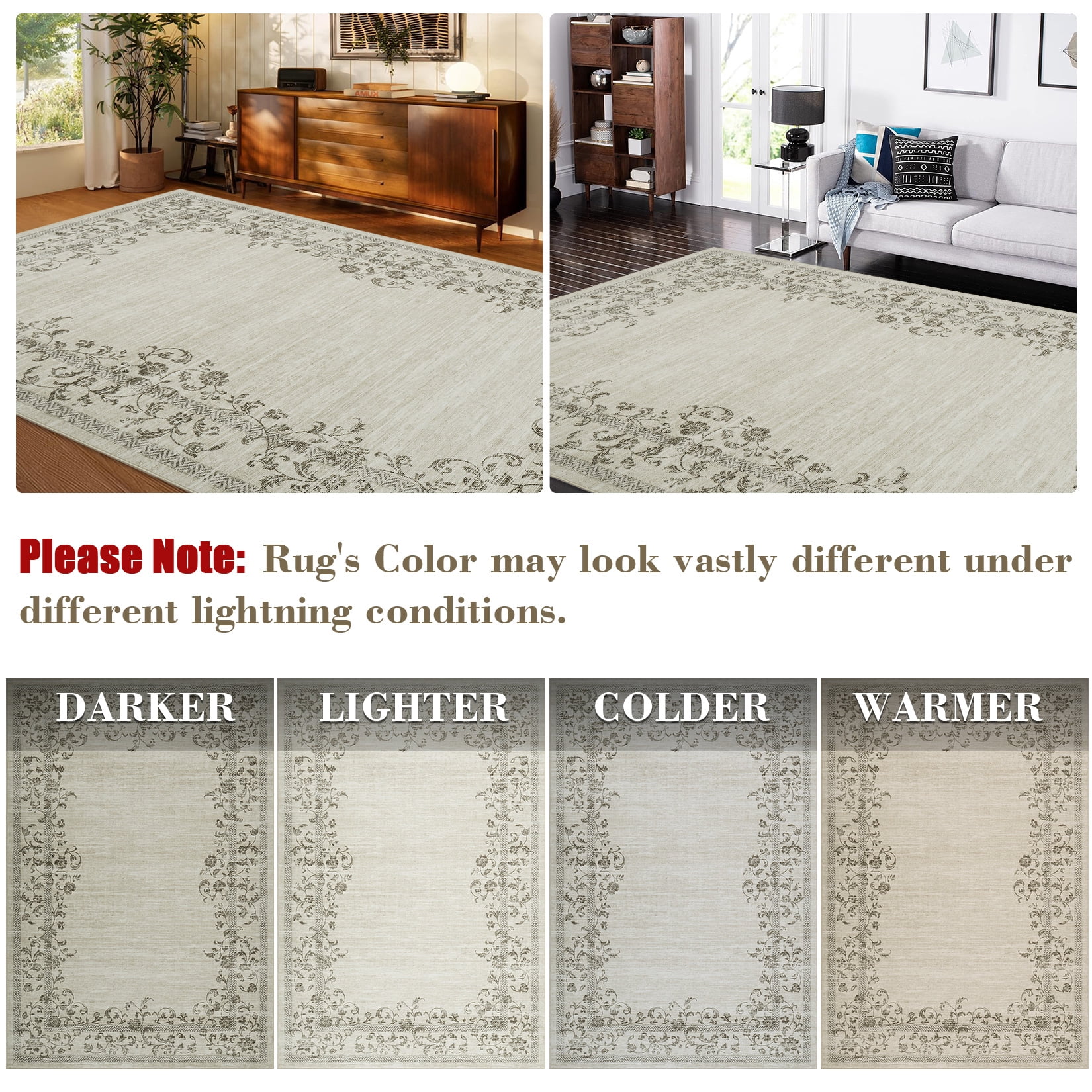 Hasoo Modern Washable Indoor Carpet 8' x 10' Beige Area Rug for Living Room Geometric Border Floral Pattern Non-slip polyester Room Decor Rug