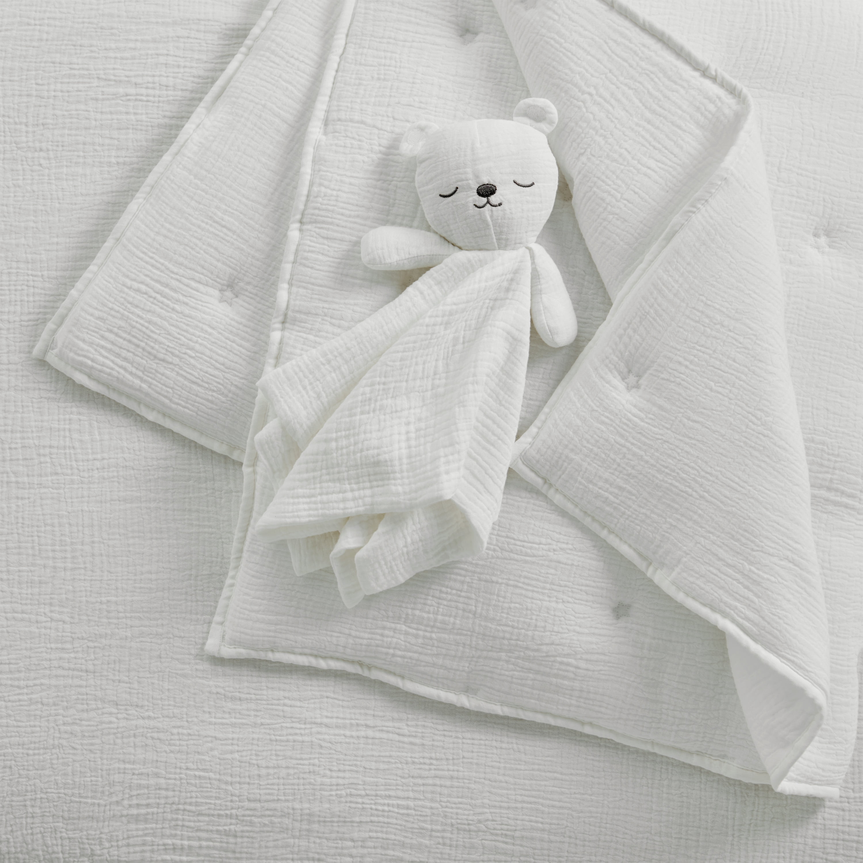 Levtex Baby - Cloud Muslin Crib Bed Set - Baby Nursery Set - White and White Stars - White Textured Muslin - 5 Piece Set Includes Quilt, Fitted Sheet, Two Swaddles & Bear Lovey