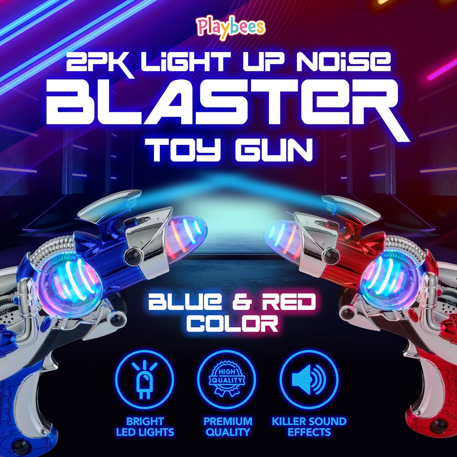 Playbees Light-Up Noise Blaster - Red & Blue 2 Pack - 11.5 Inches - Super Spinning Space Sound Effects with Futuristic Power Galaxy Ranger FX for Party Favor, Novelty, Bag Stuffer