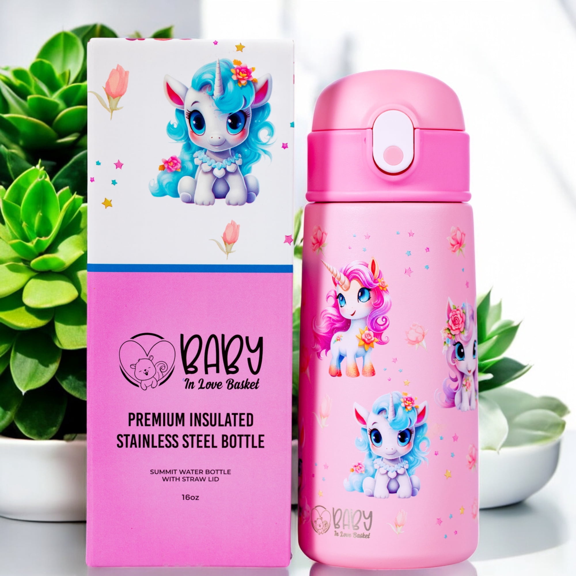 Unicorn Insulated Water Bottle for Kids - 16 oz Stainless Steel, BPA Free, Dishwasher Safe, with Silicone Straw - Keeps Cold 24 Hrs, Hot 12 Hrs - Perfect for School, Travel, Sports