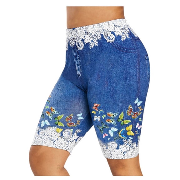 HomeGardon Clearance Womens High Waist Bermuda Jeans Casual Butterfly Printed Hip Lift Shorts Workout Travel Yoga Denim Shorts Navy S-5XL