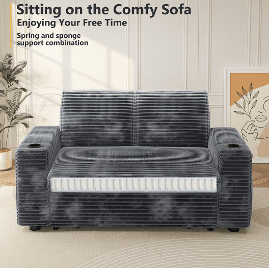 65" Multifunctional Plush Corduroy Loveseat Sleeper Sofa with Pull-Out Bed, Adjustable Backrest, USB Charging Ports, Cup Holders, Side Table & Storage Armrests, Easy Assembly