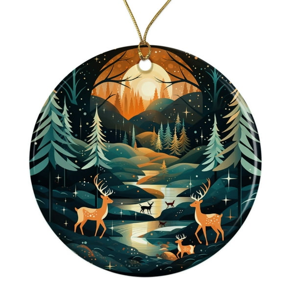 Geometric Winter Wilderness Scene Ceramic Ornament - Beautiful Elegant Teal Orange Color Scheme - 3 Inch Christmas Tree Round Ornament - Xmas Holiday Decor - String Included - ORN0026