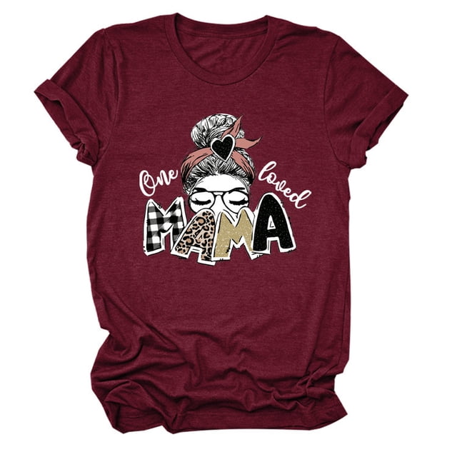 T-shirt à Manches Courtes Décontracté à Col Rond pour Femme Loved Mama Letters
