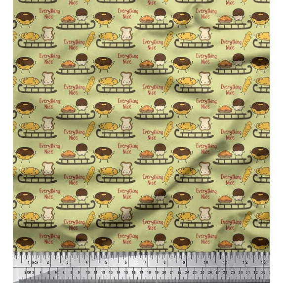 Soimoi Silk Fabric Sleigh,Bread & Hot Dog Food Decor Fabric Printed Yard 42 Inch Wide