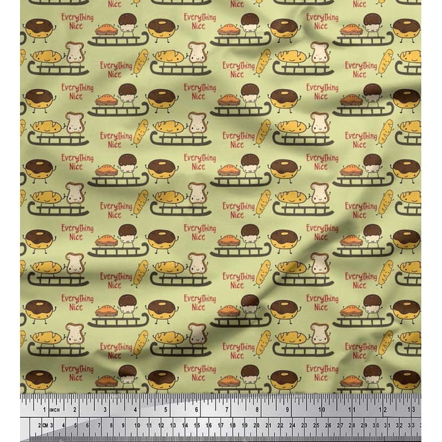 Soimoi Polyester Crepe Fabric Sleigh,Bread & Hot Dog Food Decor Fabric Printed Yard 42 Inch Wide