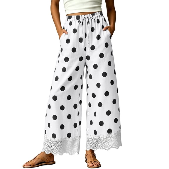 Elvqul Womens Elastic Waist Pants Winter Vintage Sweatpants with Pockets Polka Dot Bottoms for Women Loose