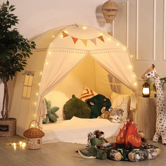 SweHouse Kids Tent with Star Lights, Large Play Tent Indoor Playhouse with Flags, Portable & Foldable Teepee , Christmas Birthday Gift for Boys & Girls (Cream)