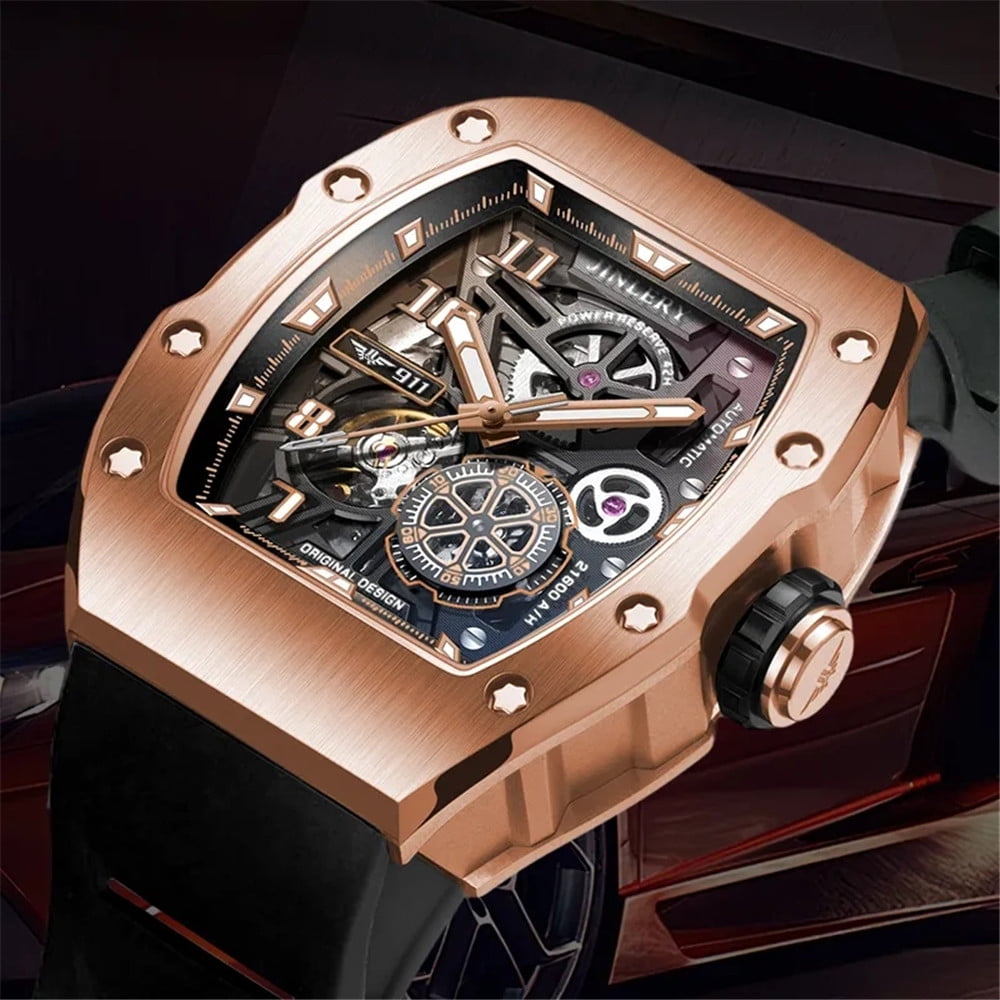 JINLERY Skeleton Automatic Self-Wind Men Tonneau Wrist Watch JINLERY Skeleton Automatic Self-Wind Men Tonneau Wrist Watch