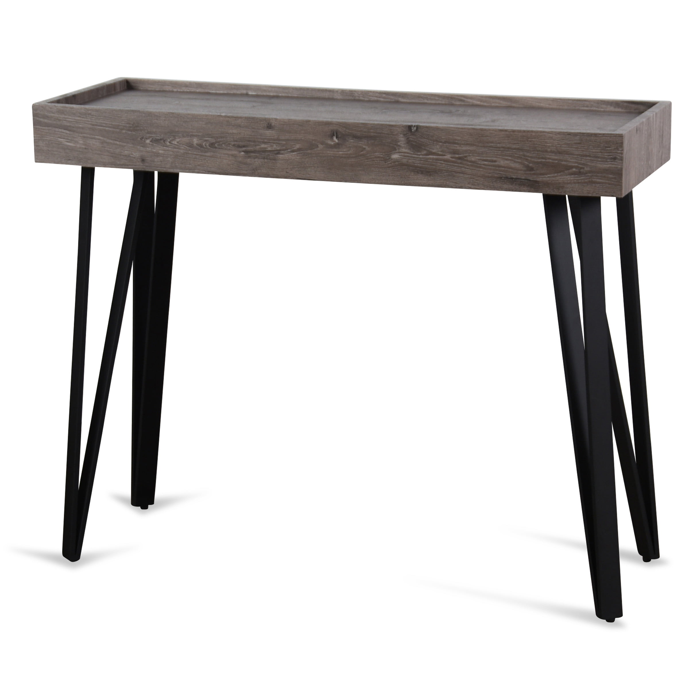 Beautiful weathered grey poplar console table sofa table with black hairpin legs 