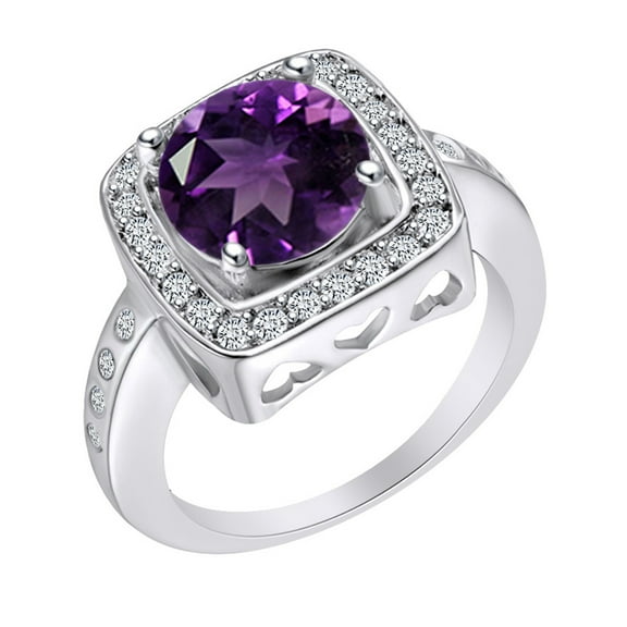 AFFY Round Shape Simulated Amethyst & White CZ Engagement Ring 14k White Gold Over Sterling Silver