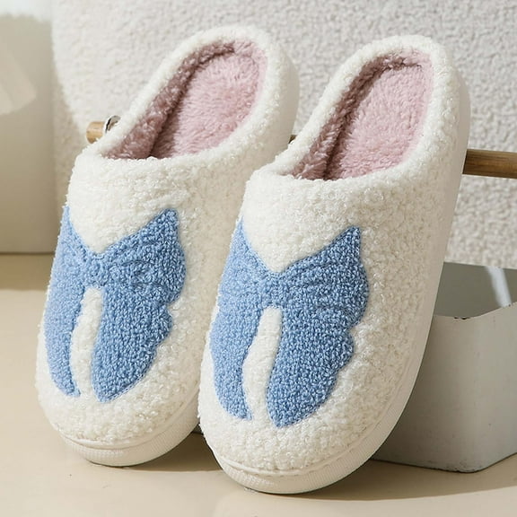 Winter Home Cute Cartoon Bowtie Slippers Men And Women Couple Models Warm Indoor Slippers Bowknot Cute Pattern Slippers Sky Blue CN:42(US:9)