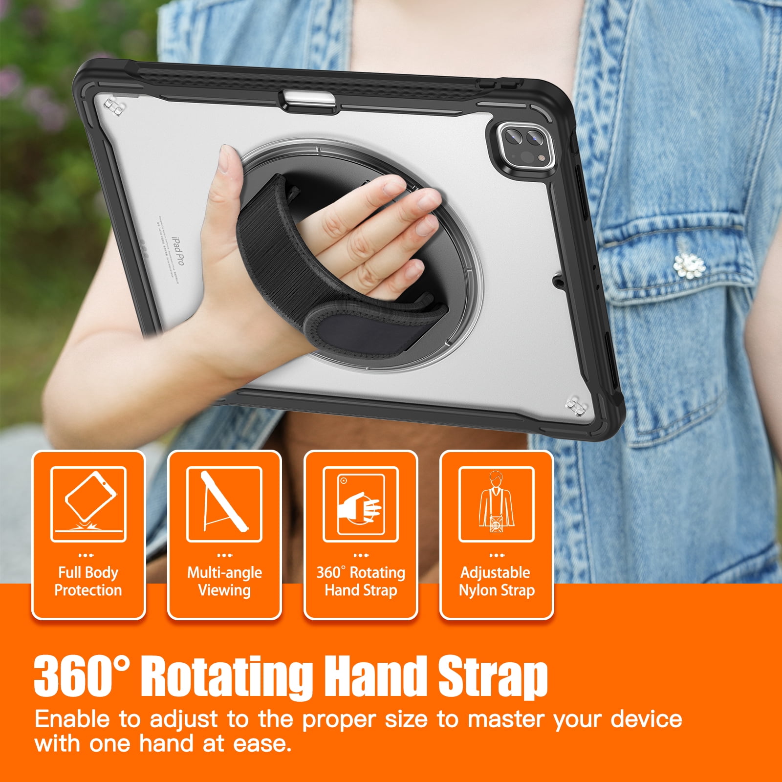 Dteck Case for iPad Pro 12.9-inch 3rd/4th/5th/6th Generation (2018/2020/2021/2022),Military Grade Shockproof Silicone Cover 360° Rotatable Stand- Shoulder Strap- Handle- Pencil Holder,Black