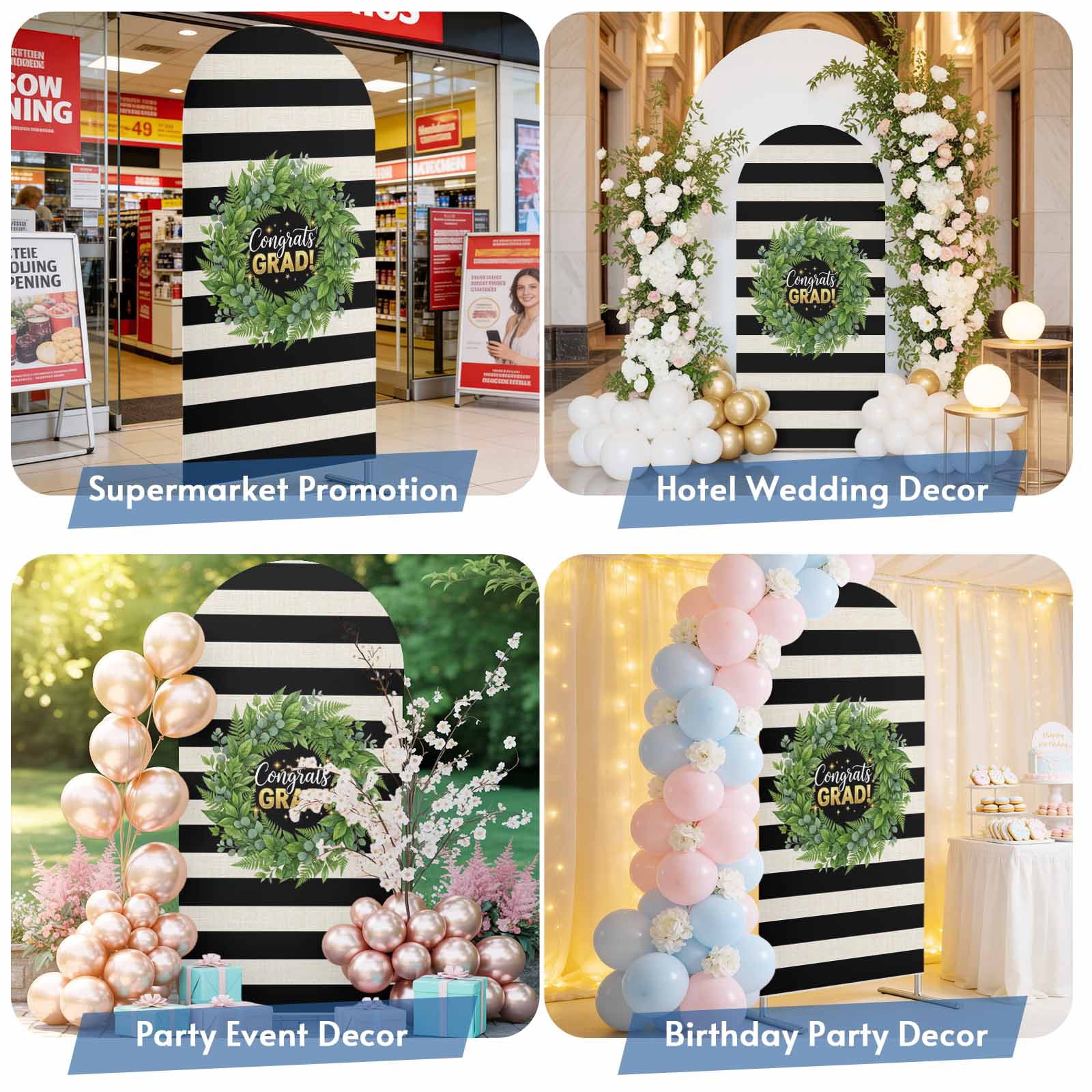 Graduate Season Arch Backdrop Cover 5 FT Congrats Grad Bachelor's Cap Leaf Wreath Black Stripes Stretchy Arch Stand Covers Spandex Arched Background Birthday Wedding Party Decoration (No Stand)