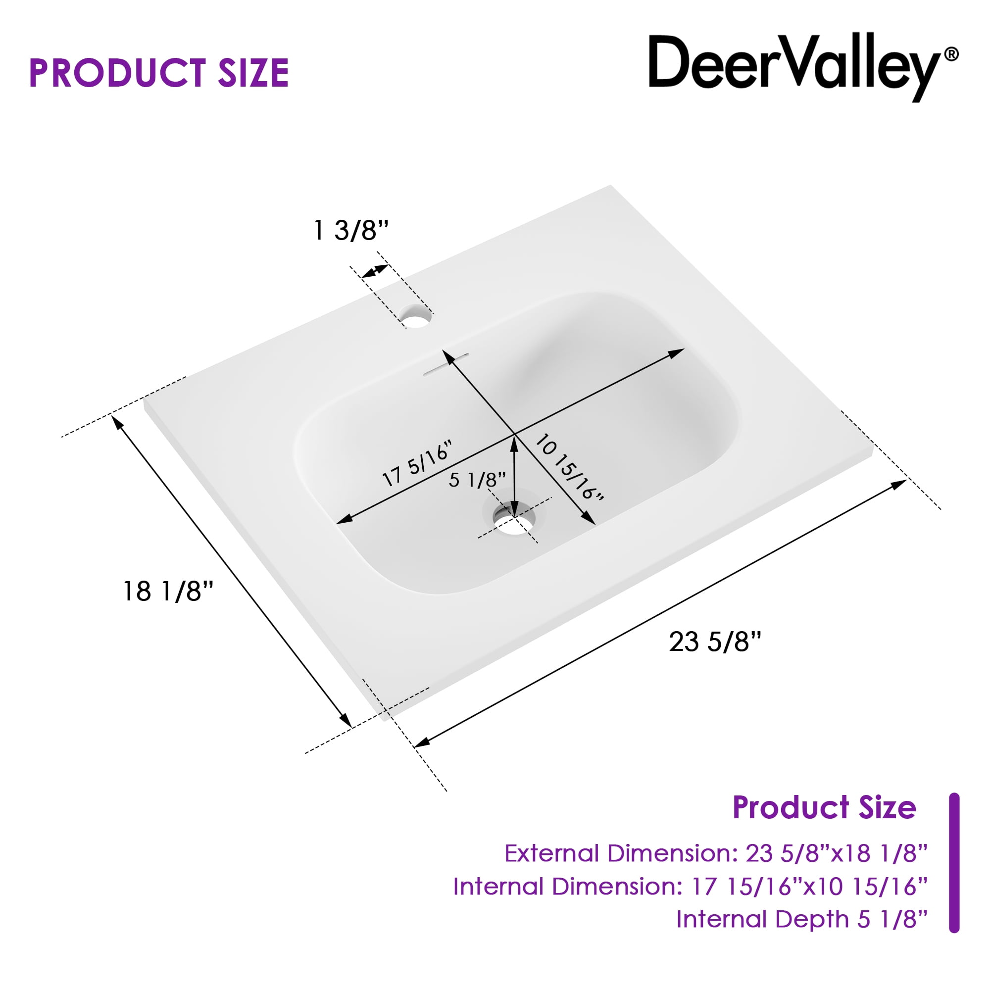 Sleek 24 in. x 18 in. Drop-In Bathroom Sink In White Acrylic with Overflow and Single Faucet Hole