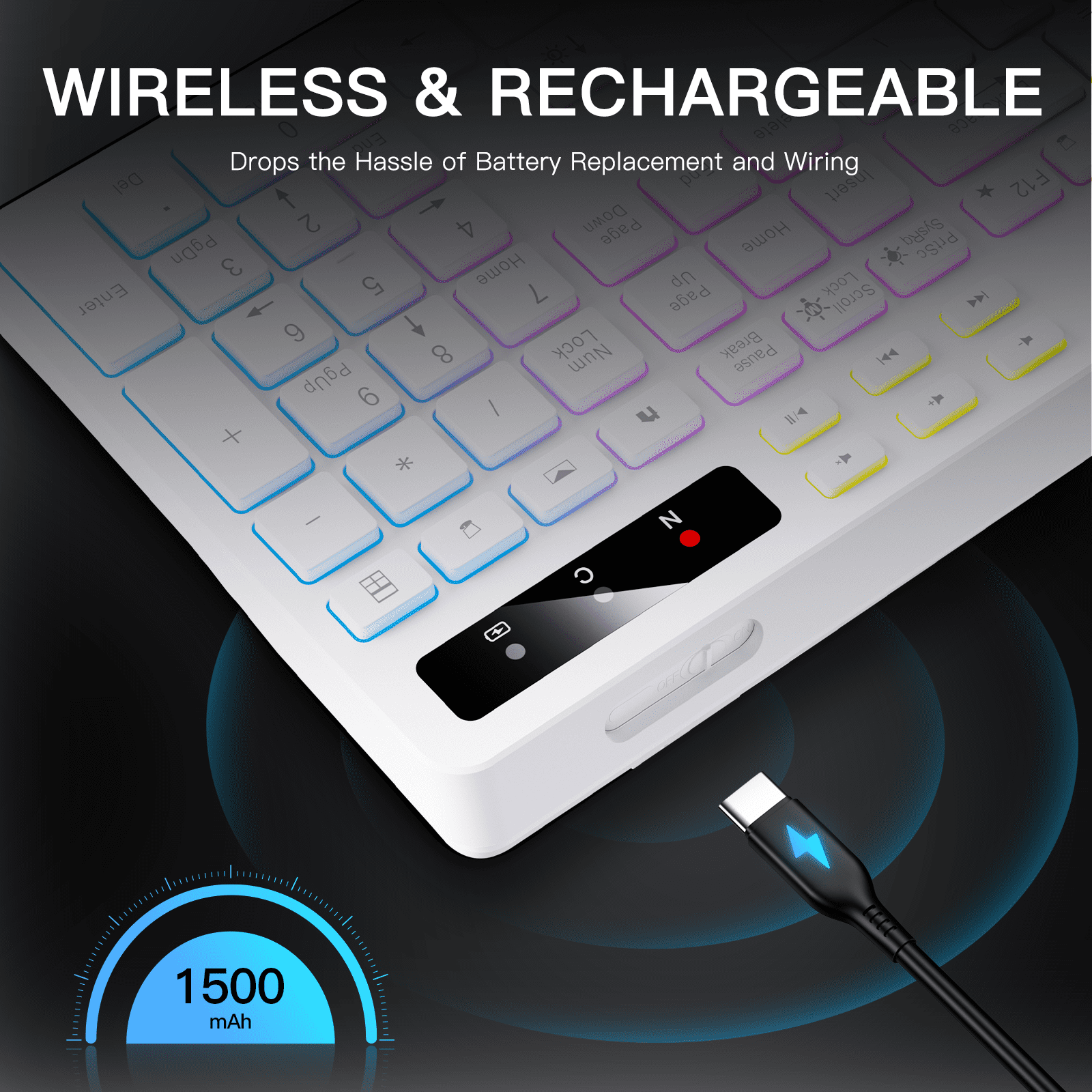 Wireless Keyboard with 7-Color RGB Backlit, Marvo Full-Size Computer Keyboard with Phone Tablet Holder, Rechargeable 2.4G Wireless Gaming Keyboard with Light up Keys, Compatible with Mac,Window,White