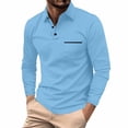 thumbnail image 2 of Polo Shirts for Men Long Sleeve V Neck Chest Pocket Classic Collared Shirts Men's Golf Shirts Casual Work Shirts Blue S, 2 of 5