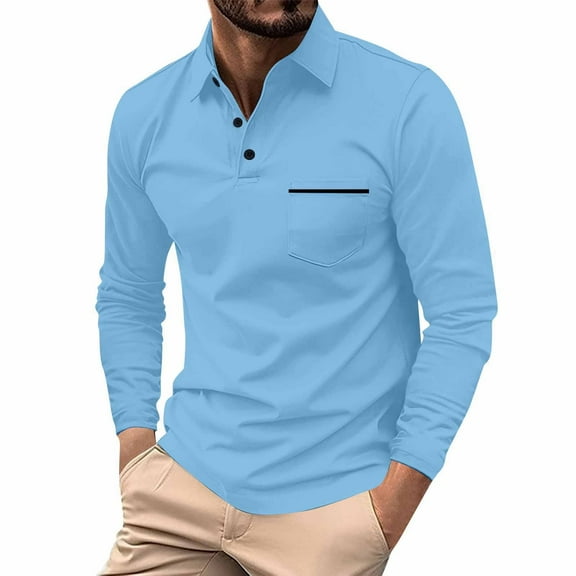 Godokuleh Mens Fashion Polo Shirts Cotton Classic Long Sleeve Thermal Button Shirt with Pocket Blue L