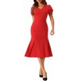 thumbnail image 2 of INSPIRE CHIC V-Neck Dress for Women's Puff Sleeve Elegant Mermaid Midi Dress S Red, 2 of 6