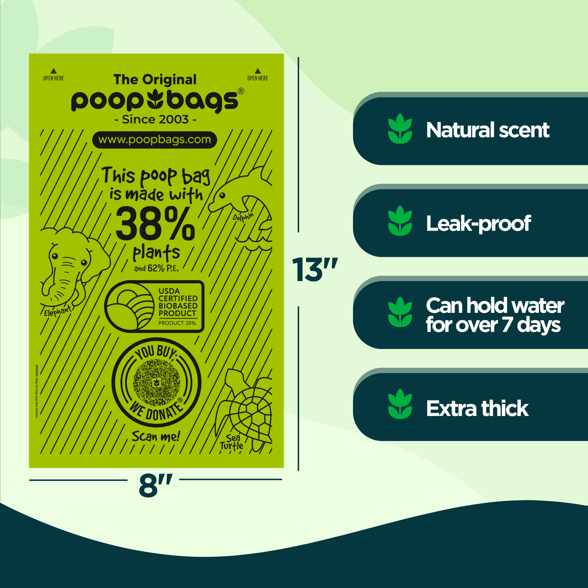 The Original Poop Bags® USDA Certified 38% Plant-Based Doggy Poop Bags Refills - Unscented, Leak-Proof & Strong, Single Bulk Roll, 300 Count