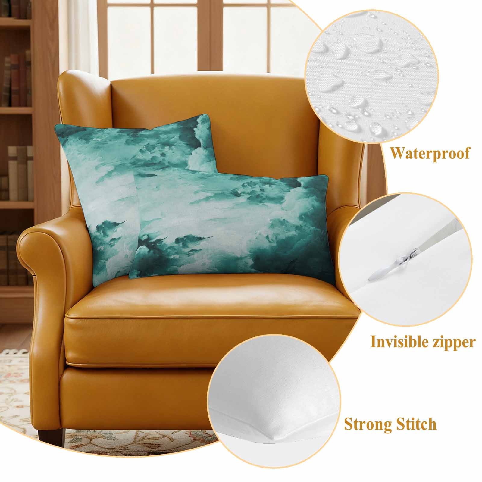 Teal Green Ombre Clouds Outdoor Waterproof Pillow Covers, Modern Abstract Gradient Cloud Decorative Square Throw Pillowcase Sofa Cushion Sham for Patio/Couch/Chair, 26"x26" 2 Pack