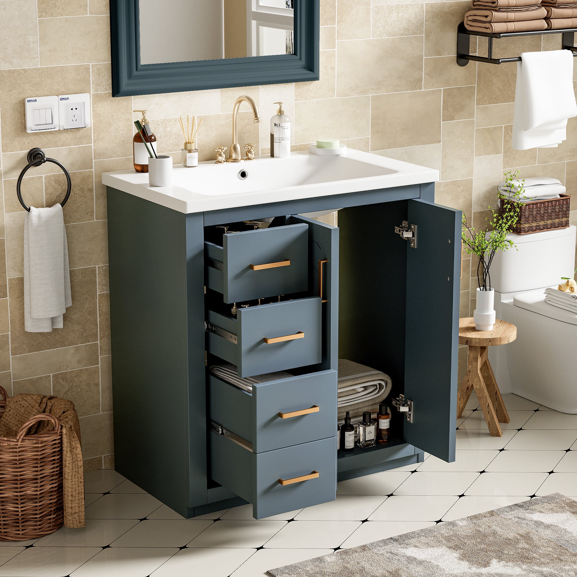 Euroco 30'' Bathroom Vanity with Ceramic Sink Combo,Solid Wood Frame Bathroom Storage Cabinet, Freestanding Vanity Set with 3 Drawers& Soft Closing Doors
