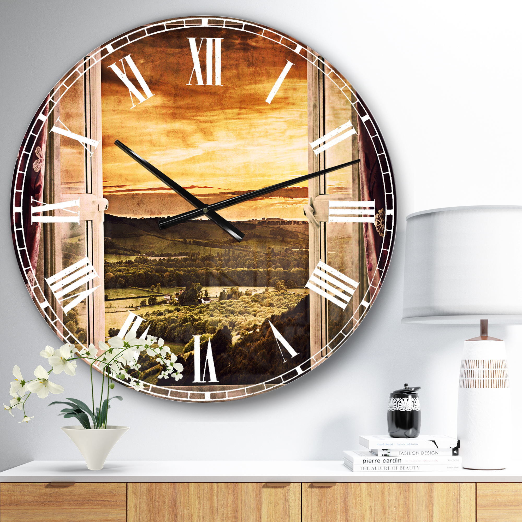 Designart 'Open Window to Rural Landscape' Metal Wall Clock