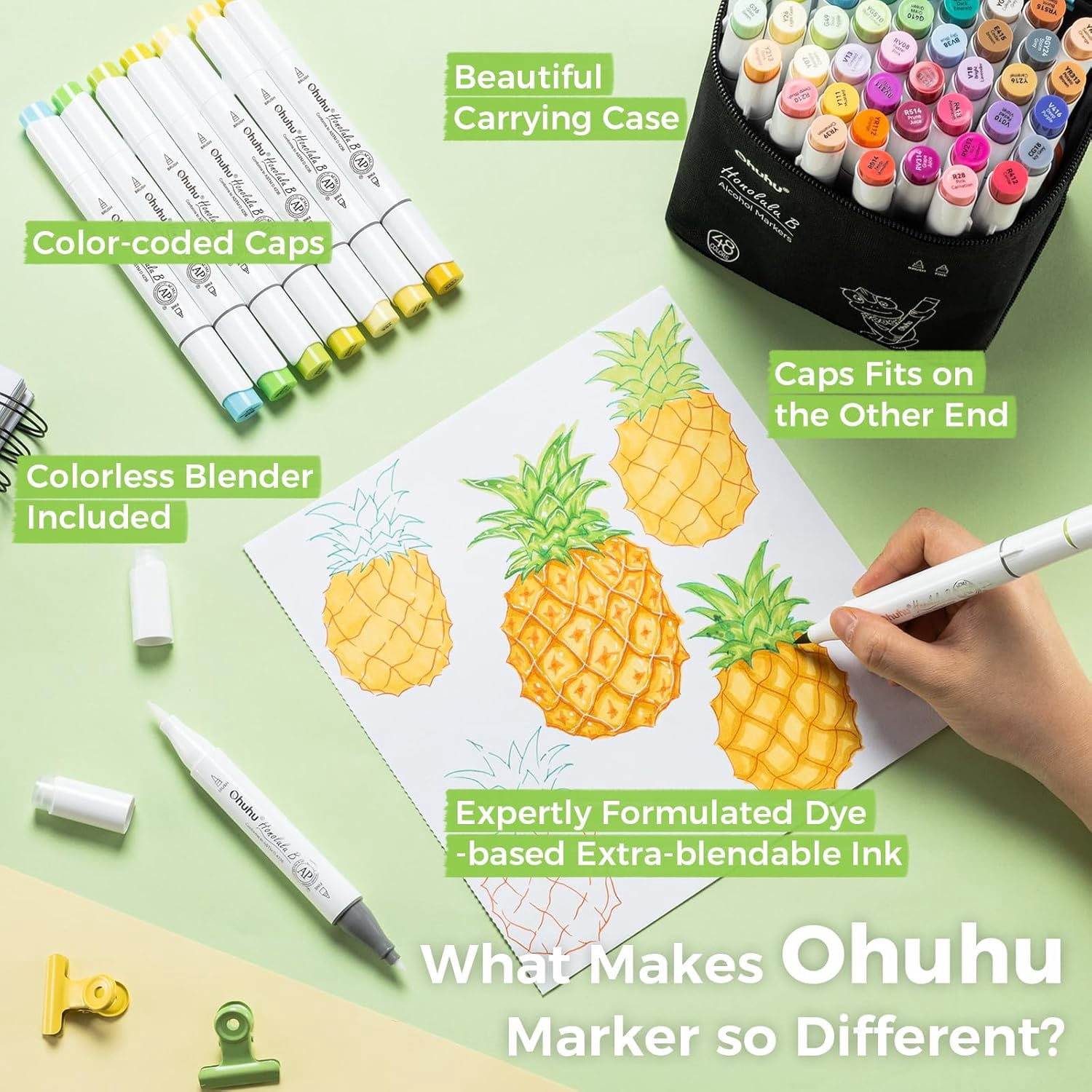 Ohuhu Alcohol Markers 48 Colors -Brush & Fine -Honolulu B -Refillable  for Artist Adults Coloring Illustration