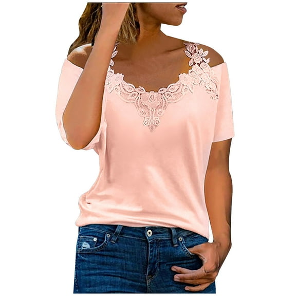 Plus Size Tops for Women Off The Shoulder Lace Straps Short Sleeve V Neck T Shirts Tops Summer Solid Tunic Blouses Tees