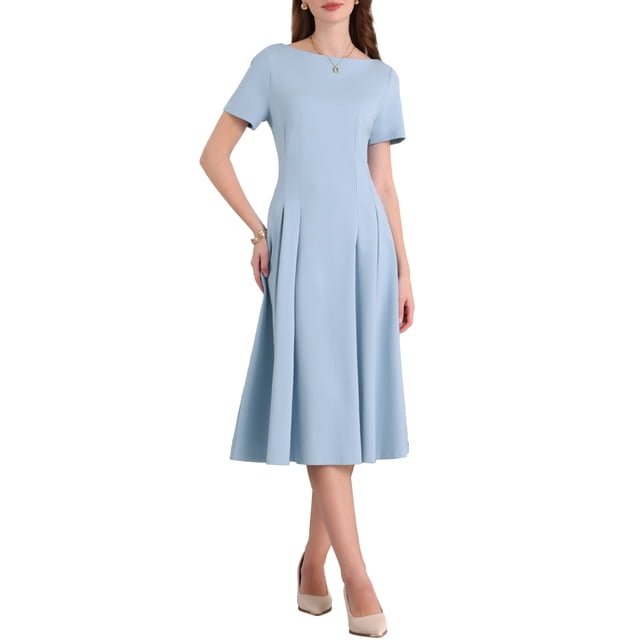 INSPIRE CHIC Vestidos de Cuello Barco para Mujeres 2025 Midi Swing Vestido A-Line para Ocasiones Elegantes y Casuales 2XL Azul Claro