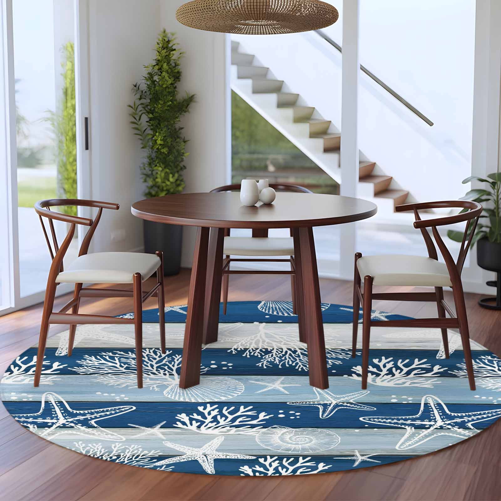 Round Rug 6Ft Washable Non-Slip, Navy Blue Coastal Beach Circle Area Rugs for Living Room Bedroom, Nautical Starfish Coral Vintage Wooden Indoor Floor Mats Carpet Runner for Home Decor Aesthetic