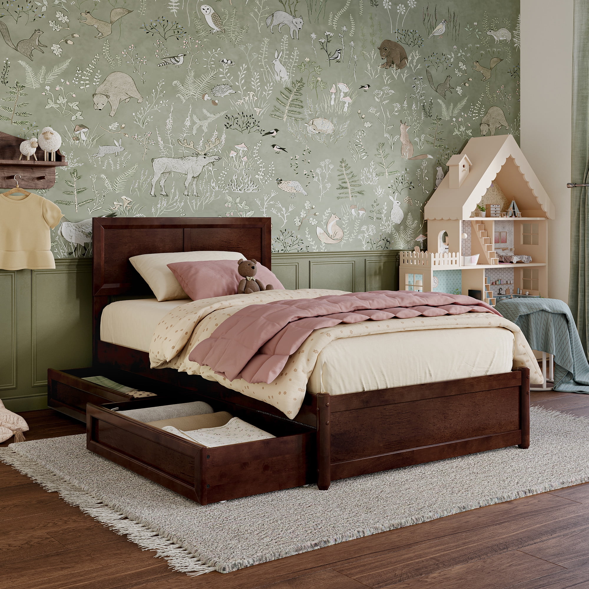 AFI Lylah Twin Wood Platform Bed with Panel Footboard and Storage Drawers, Walnut