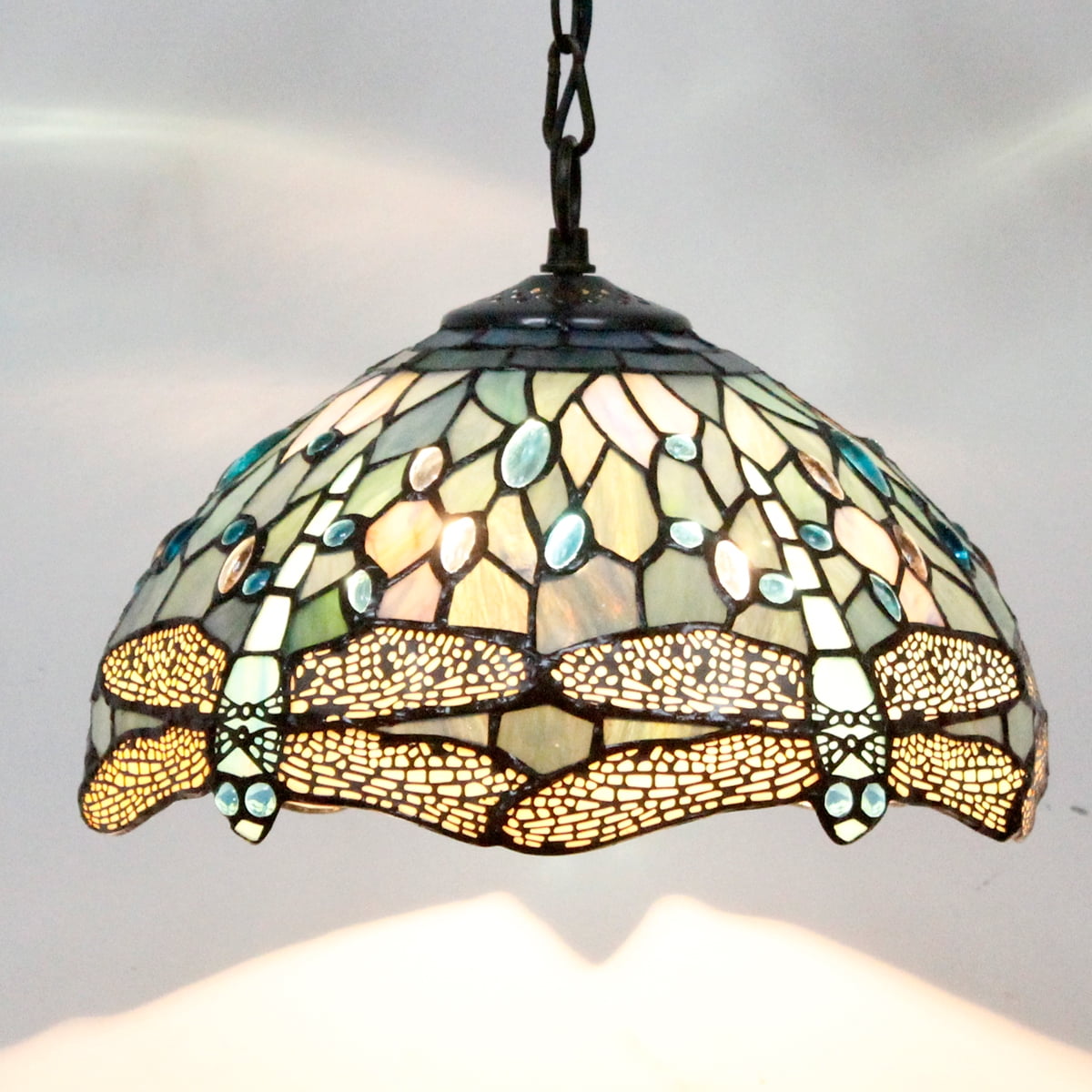 Tiffany Pendant Lighting for Kitchen Island Fixture 12" Sea Blue Stained Glass Dragonfly Farmhouse Rustic Boho Hanging Lamp Industrial LED Chandelier Fixture WERFACTORY Bar Hallway Dining Room Swag
