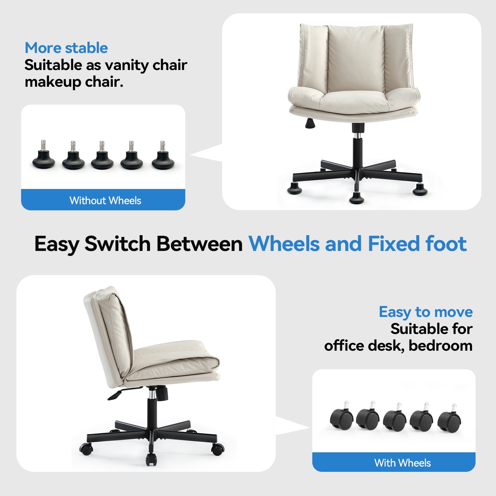LEAGOO Criss Cross Chair with Wheels, Armless Cross Legged Office Chair, Comfy PU-Leather Desk Chair, Modern Swivel Height Adjustable Computer Task Chair, Wide Seat Cute Chair for Home Office(Beige)