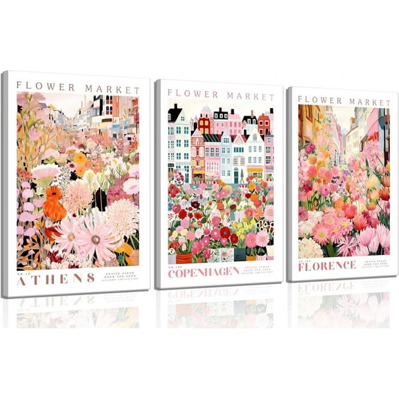 3Pcs Flower Market Canvas Wall Art Pink and purple Botanical Floral Painting Pictures Wall Decor Colorful Wildflower Travel Poster Print Artwork for Bedroom Living Room Gallery Scene Home Decoration