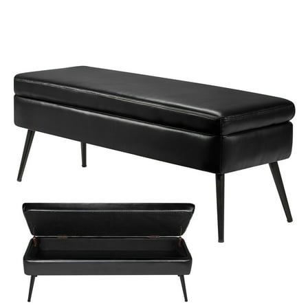 KFFKFF 48" Leather Ottoman Bench, Upholstered End of Bed Bench with Metal Legs, 660 Lbs Capacity, Decorative Entryway Bench with Storage, Black